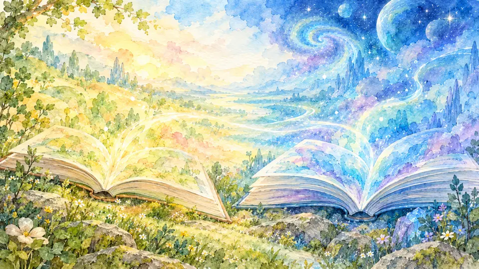 Aquarelllandschaft von Emelys Welt mit zwei geöffneten Büchern zwischen Erde und Kosmos